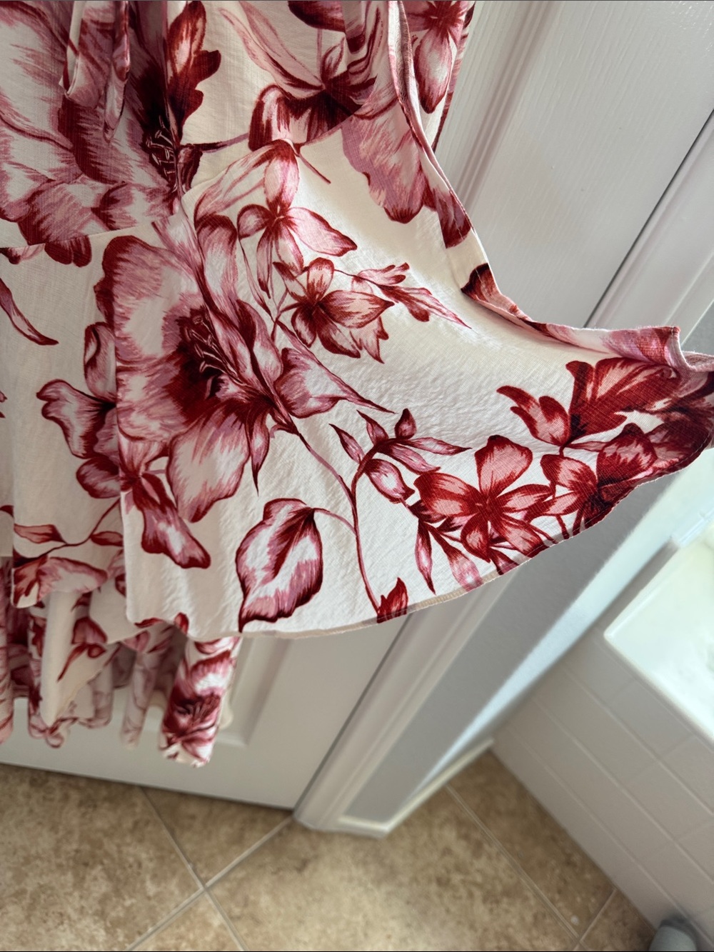 Floral Faux Wrap High-Low Dress in Cream and Burgundy - Picture 4 of 6